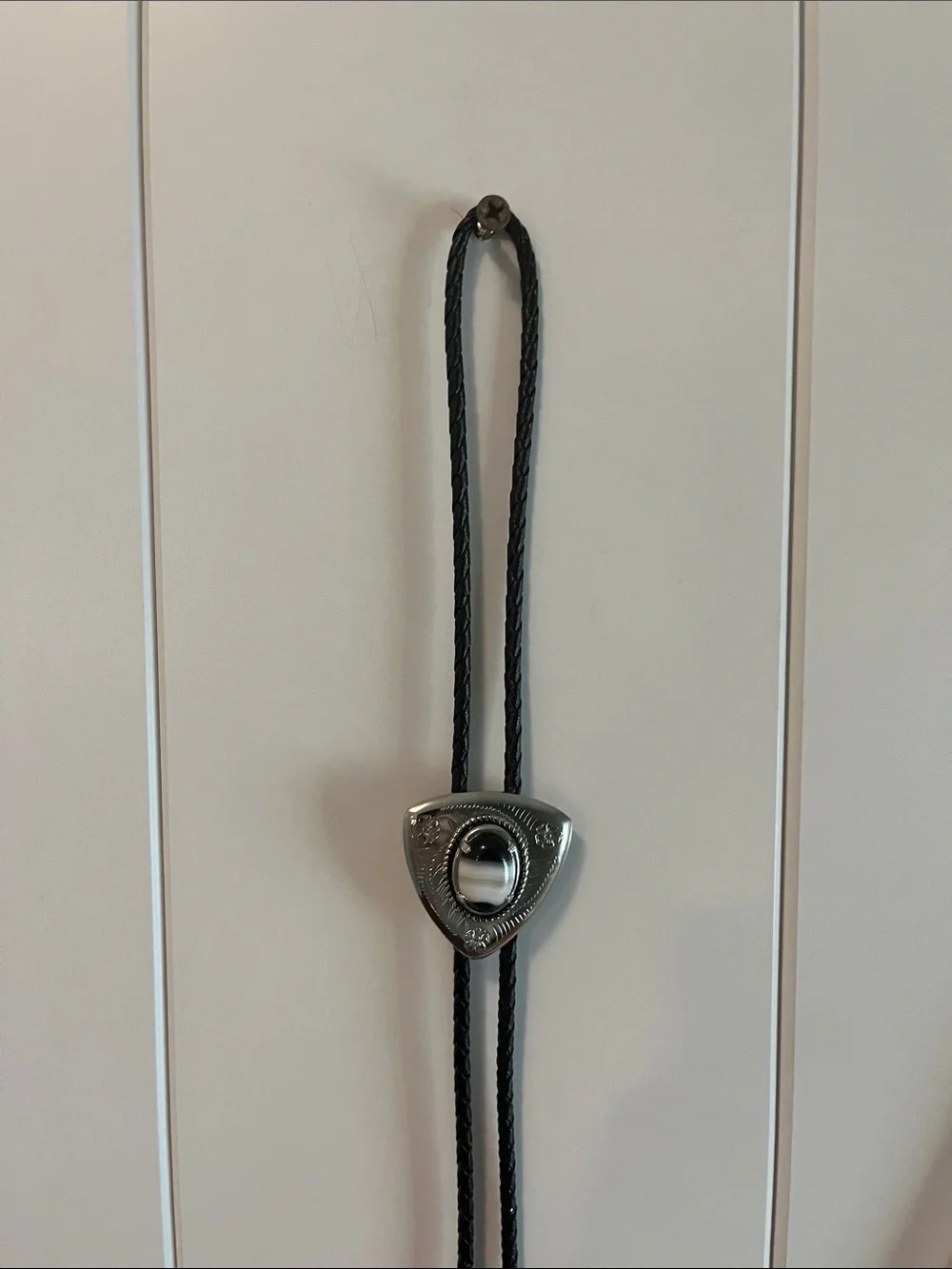 Black Braided Leather Bolo Tie with Silver Tone Stone Slide - Picture 4 of 5